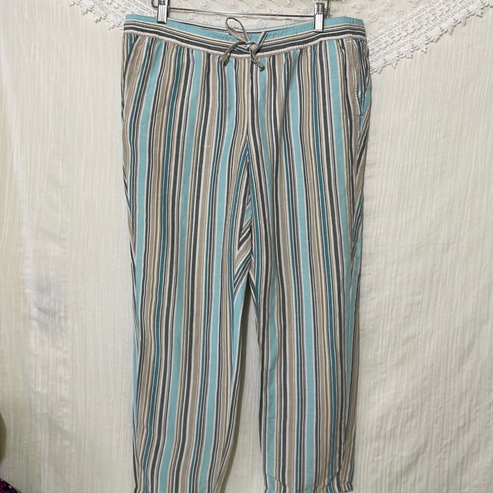 J. Jill Womans Pants Linen Blend Pull-On Tie Waist Tan Striped Petite Medium - Picture 3 of 10
